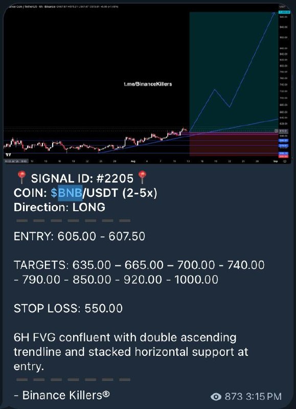 BNBUSDT LONG signal screenshot by Binance Killers