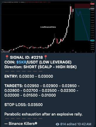 SKRUSDT SHORT signal screenshot by Binance Killers