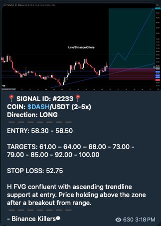 Скриншот сигнала DASHUSDT LONG от Binance Killers