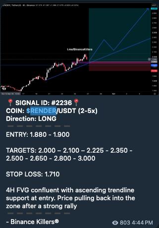 RENDERUSDT LONG signal screenshot by Binance Killers