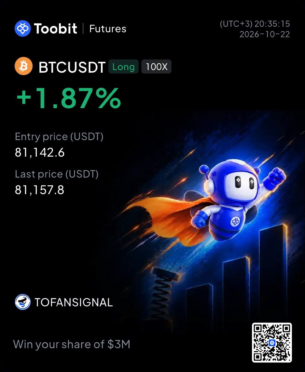 Скриншот сигнала BTCUSDT LONG от Tofan Trade | سیگنال کریپتو